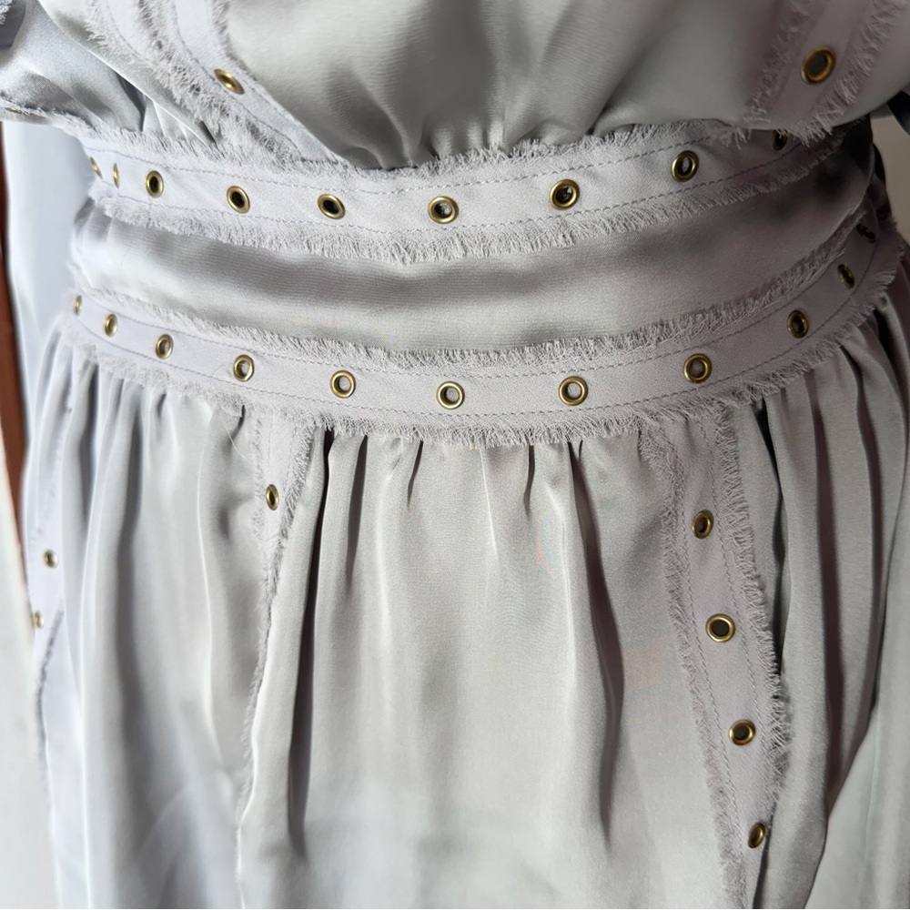 Boston Proper Satin Mini Dress Rivets Gray Silver V-Neck Cut Out Sleeves Sz XS - Picture 3 of 13